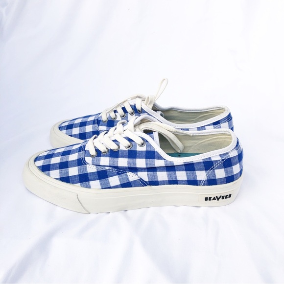 J.CREW x SEEVEES | BLUE & WHITE GINGHAM SNEAKERS SIZE 8.5 - Picture 1 of 8